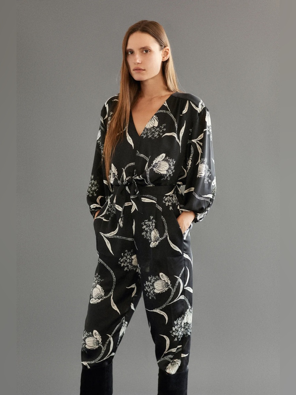 Joie Shaila black beige floral balloon sleeve jumpsuit size small
